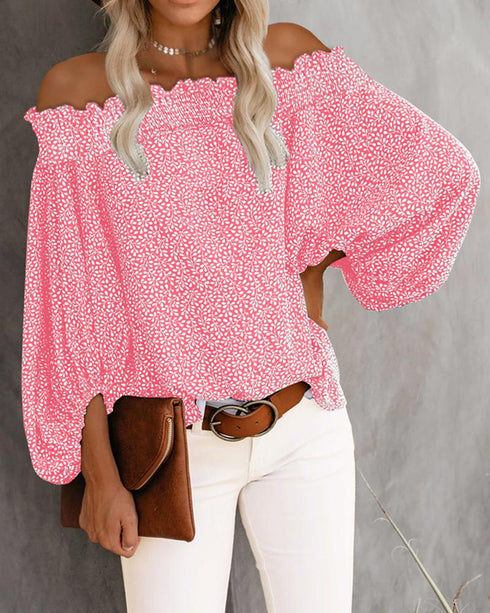 Off Shoulder Floral Print Lantern Sleeve Top